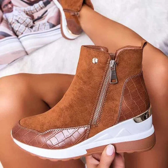 Damen Stiefeletten wasserdicht Keilabsatz mit Doppelreißverschluss