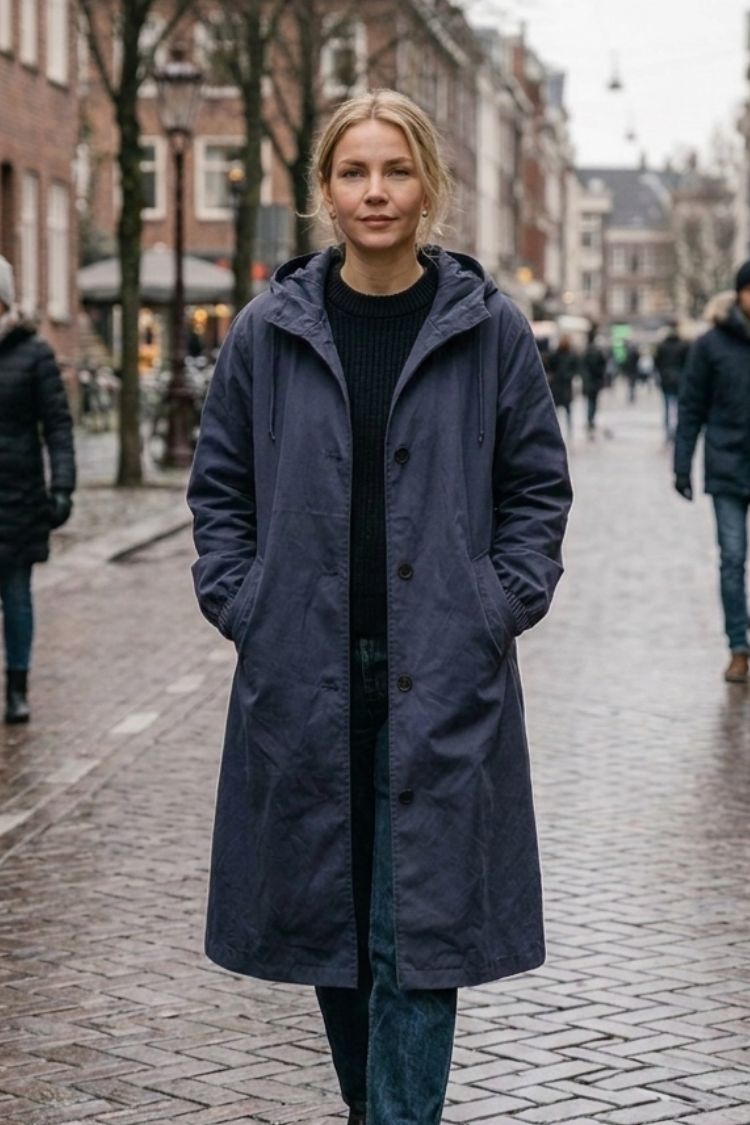 Damen Kapuzenmantel Langer Mantel Taschen Knopfleiste 17