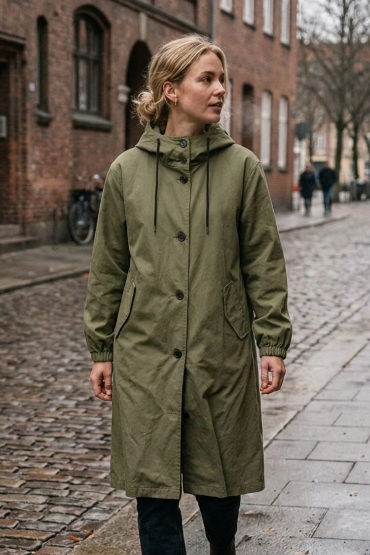 Damen Kapuzenmantel Langer Mantel Taschen Knopfleiste 18