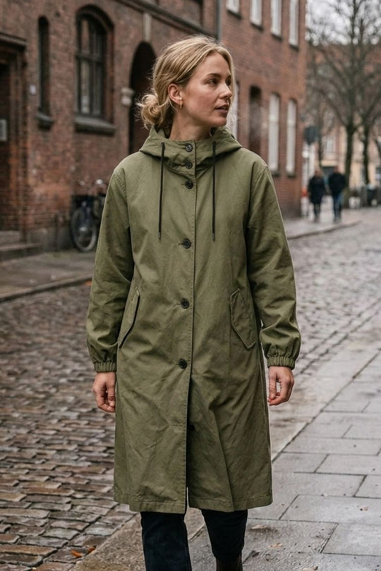 Damen Kapuzenmantel Langer Mantel Taschen Knopfleiste 18