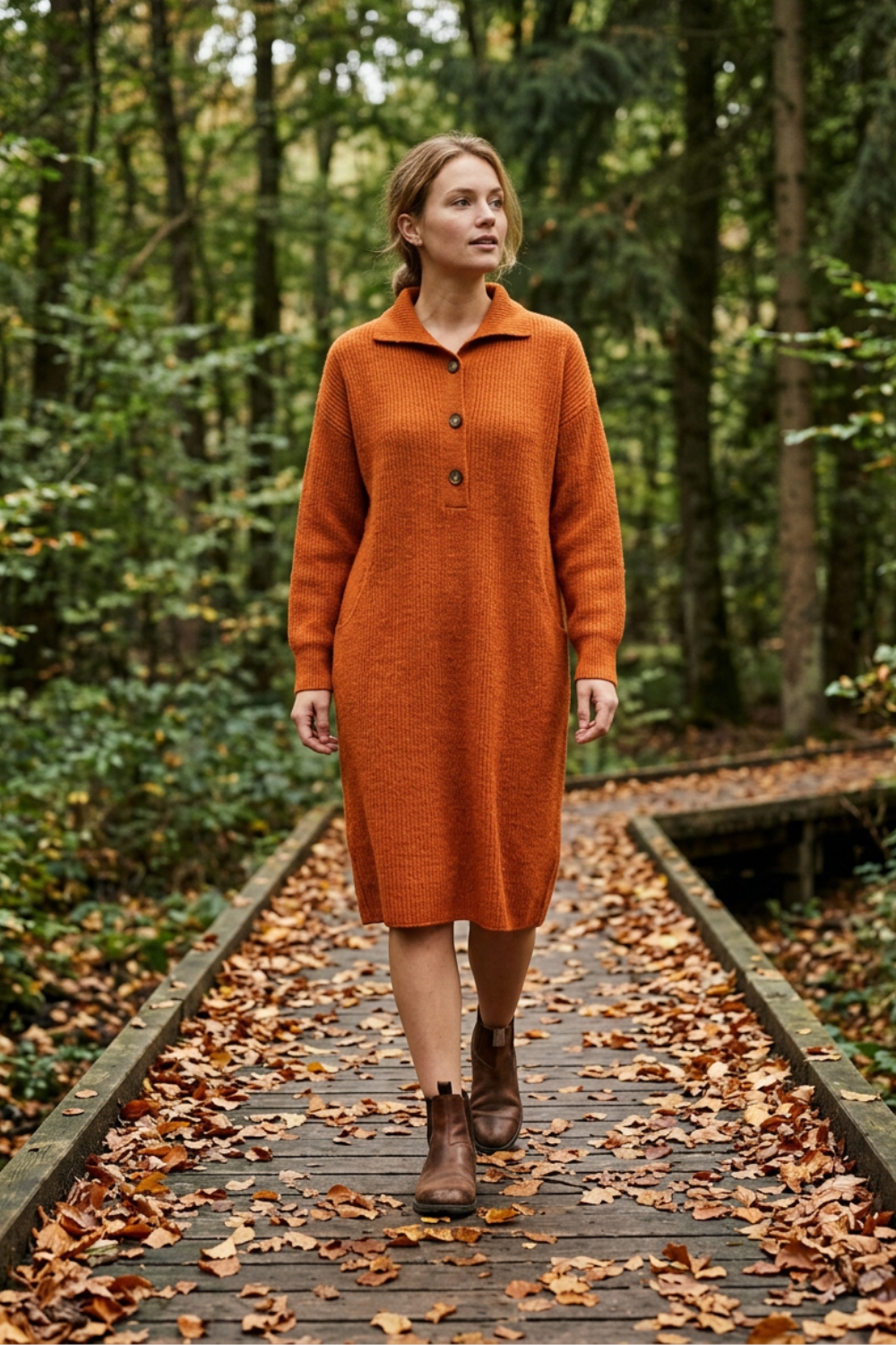 Damen Strickkleid Midi Rippstrick Knopfkragen Langarm 13
