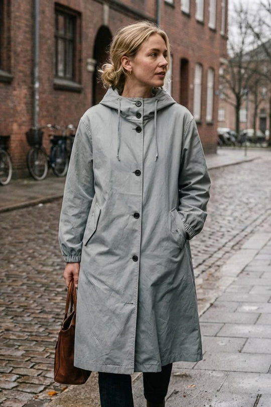 Damen Kapuzenmantel Langer Mantel Taschen Knopfleiste 16