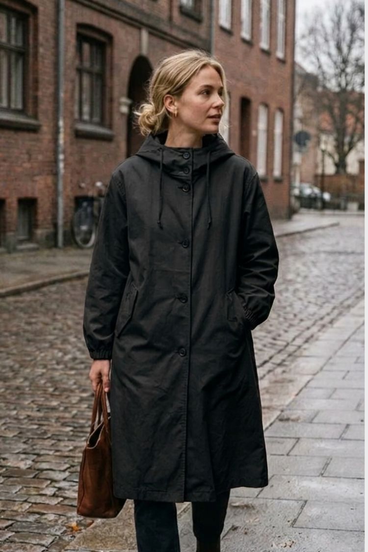 Damen Kapuzenmantel Langer Mantel Taschen Knopfleiste 14