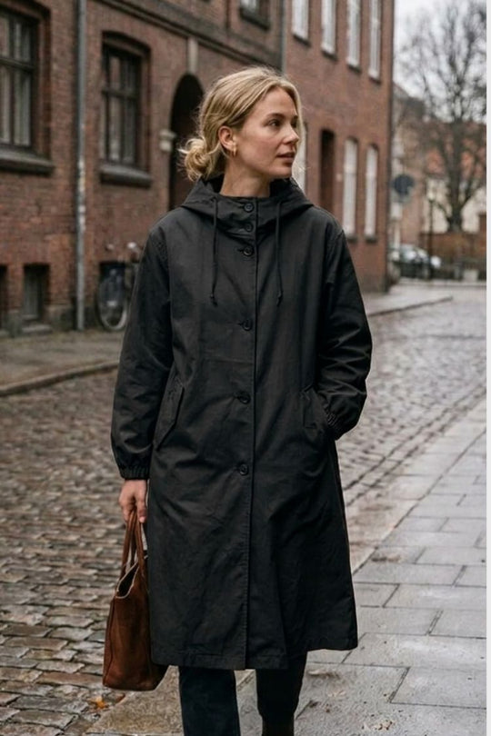 Damen Kapuzenmantel Langer Mantel Taschen Knopfleiste 14