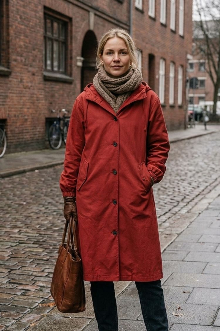 Damen Kapuzenmantel Langer Mantel Taschen Knopfleiste 15