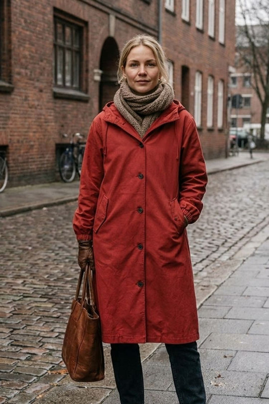 Damen Kapuzenmantel Langer Mantel Taschen Knopfleiste 15