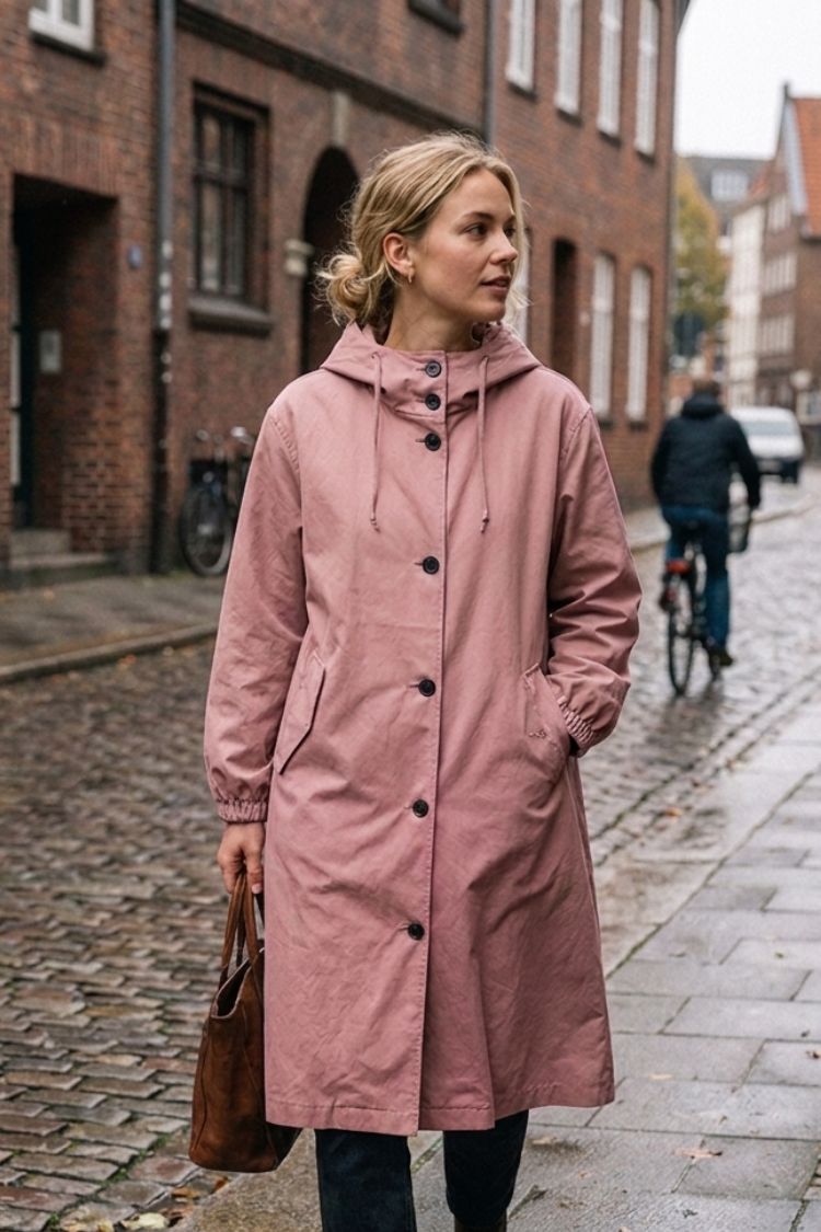 Damen Kapuzenmantel Langer Mantel Taschen Knopfleiste 13