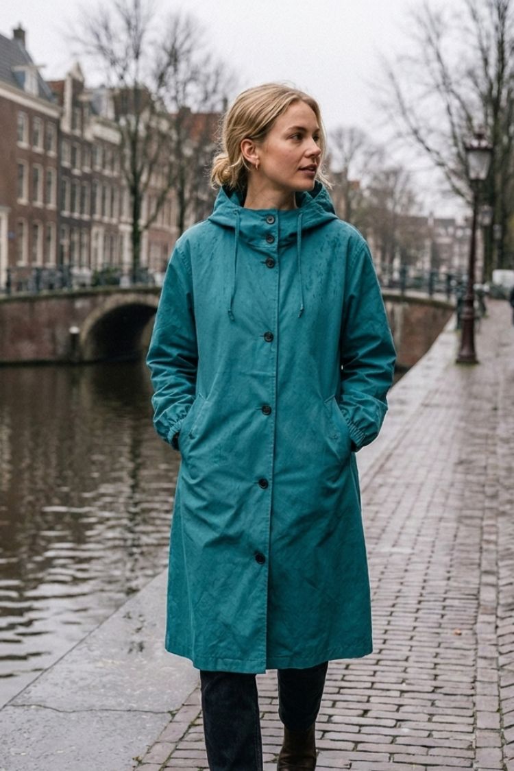 Damen Kapuzenmantel Langer Mantel Taschen Knopfleiste 5