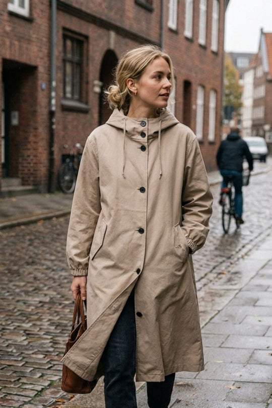 Damen Kapuzenmantel Langer Mantel Taschen Knopfleiste 19