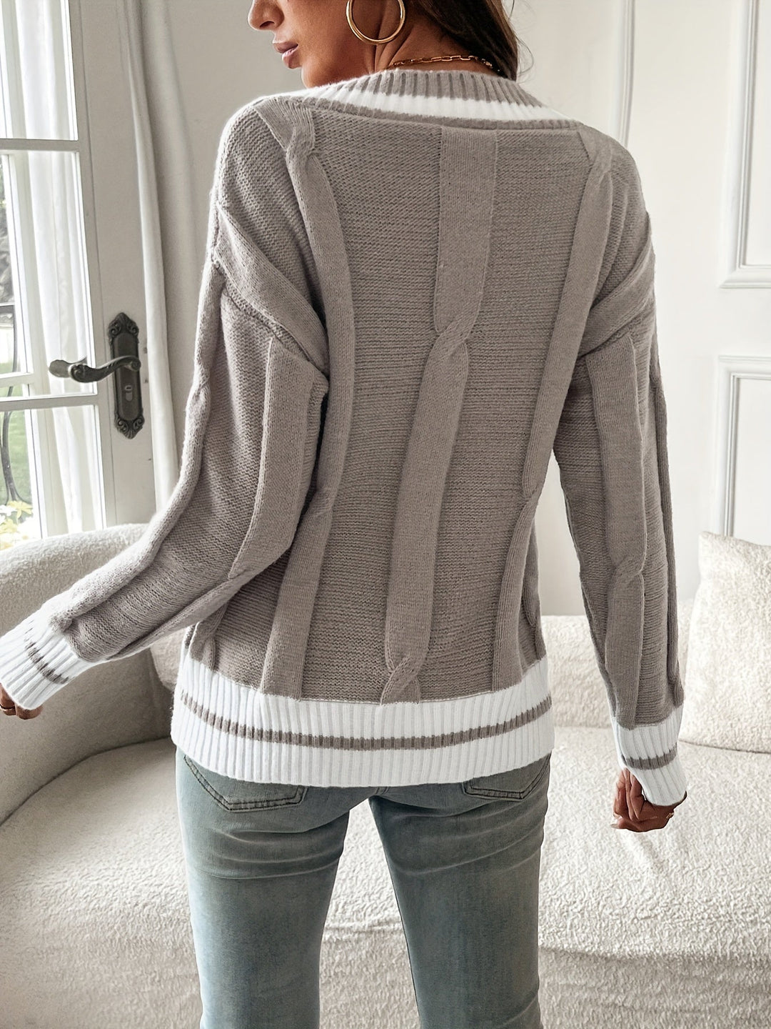 Pullover Damen V-Ausschnitt | Mit Kontraststreifen