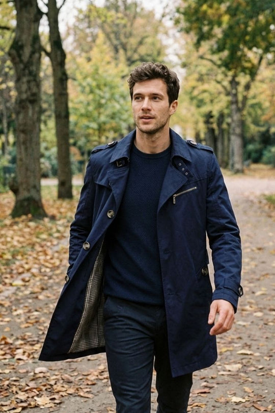 Herren Zweireihiger Trenchcoat Mittellang Business Mantel 12