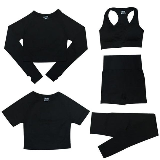 5-delige Sport Set | Dames tops en sportleggings met hoge taille in de kleur Zwart voor dames in stijl geschikt voor alle seizoenen.