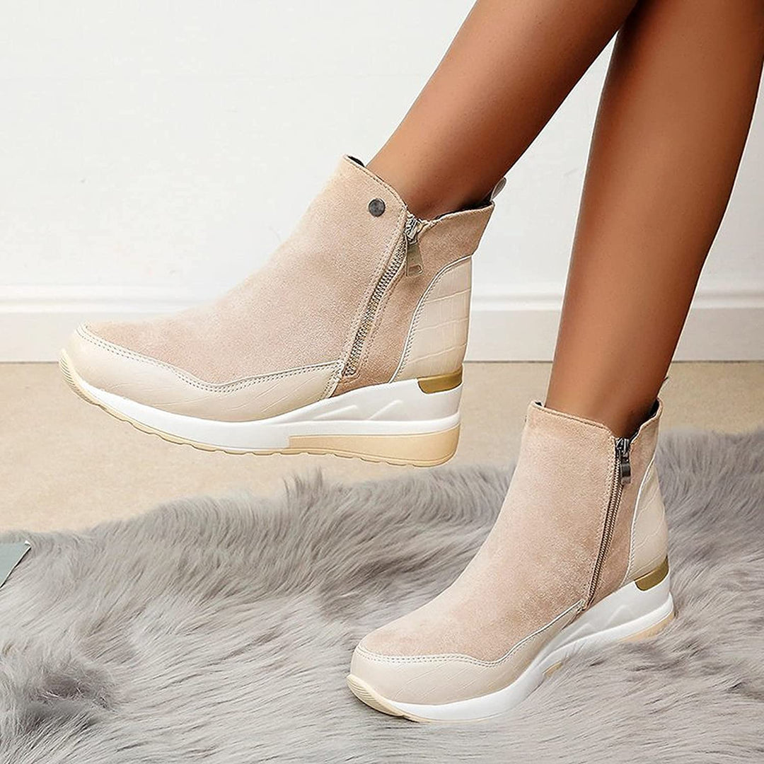 Damen Stiefeletten wasserdicht Keilabsatz mit Doppelreißverschluss