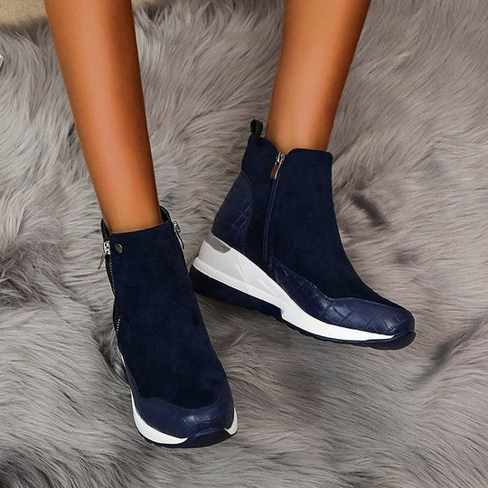 Damen Stiefeletten wasserdicht Keilabsatz mit Doppelreißverschluss
