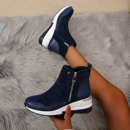 Damen Stiefeletten wasserdicht Keilabsatz mit Doppelreißverschluss