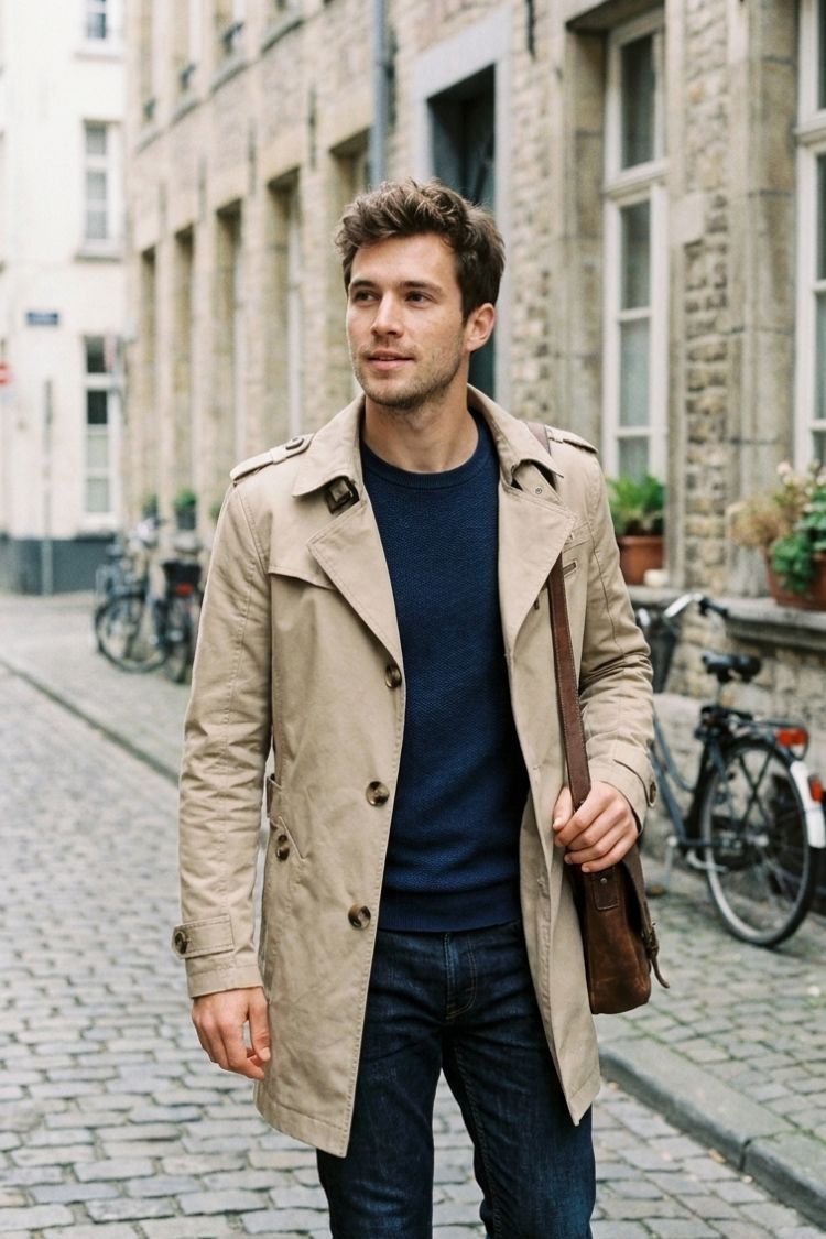 Herren Zweireihiger Trenchcoat Mittellang Business Mantel 5