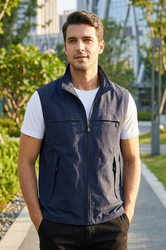 Herren Utility Weste Stehkragen Taschen Reißverschluss 4