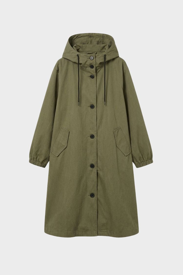 Damen Kapuzenmantel Langer Mantel Taschen Knopfleiste 12