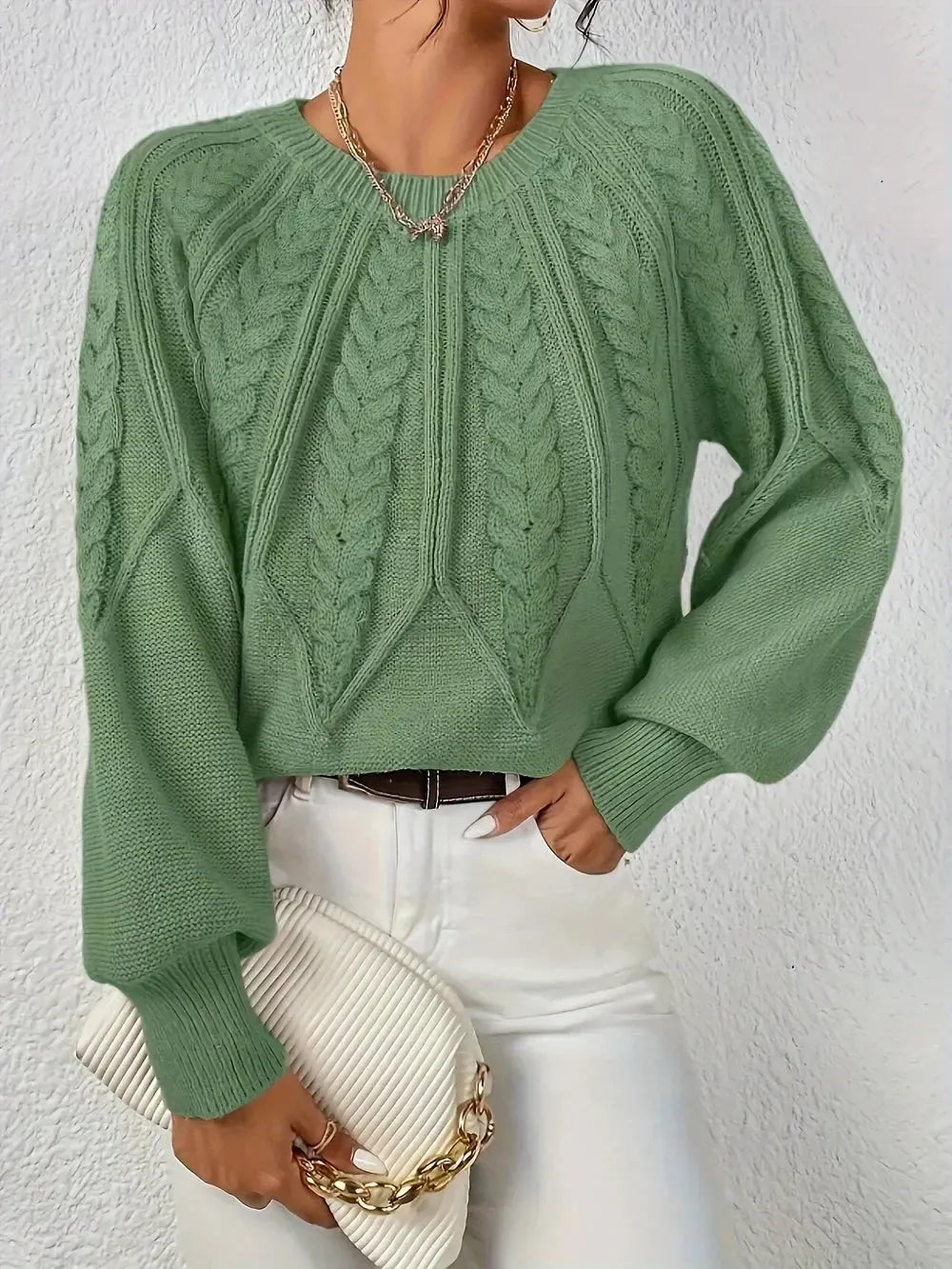 Gebreide Trui met Ronde Hals voor Dames. Warm. Winter. Victoria Mae.Licht Groen