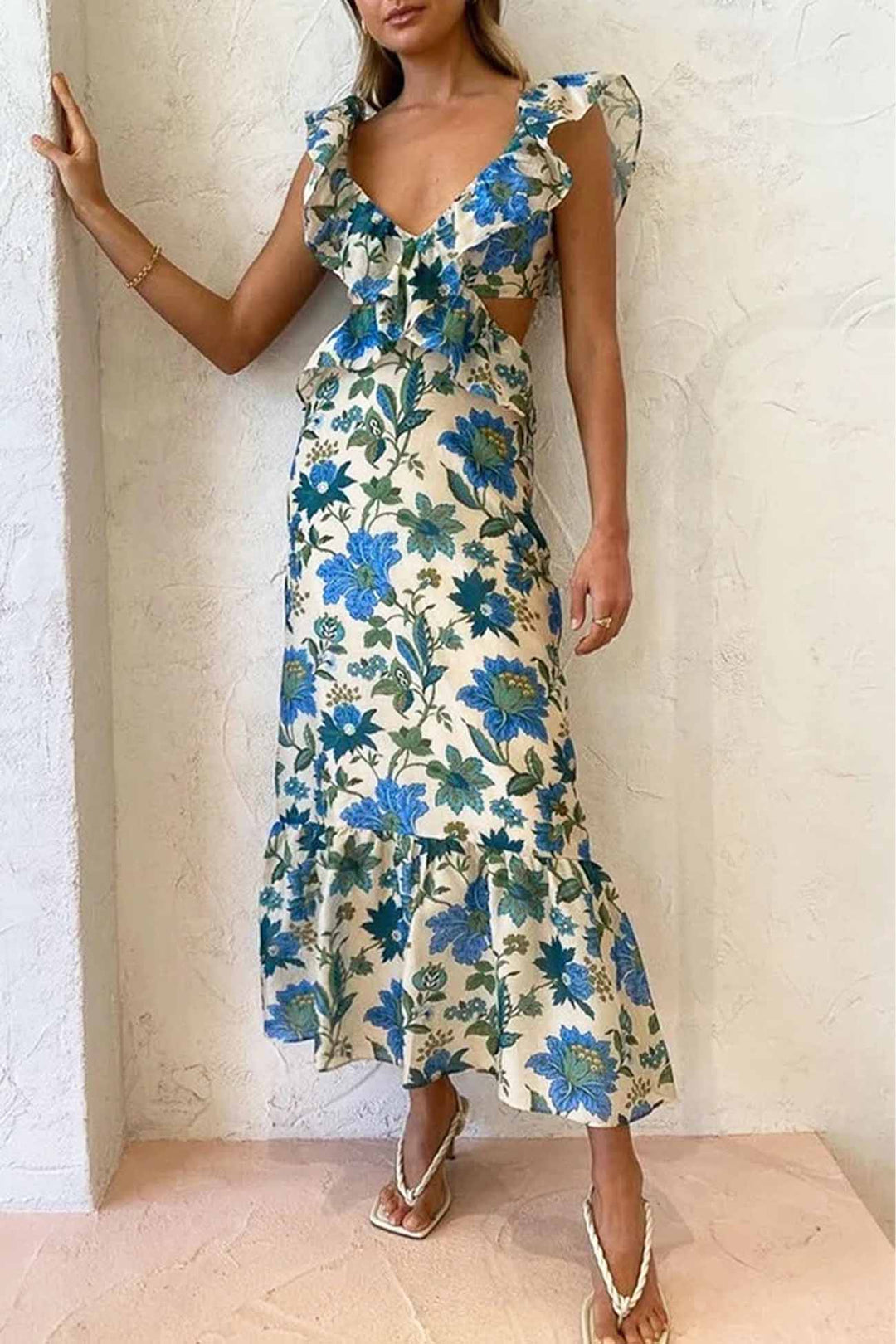 Ärmelloses Boho-Maxi-Sommerkleid Damen mit Rüschen und V-Ausschnitt - Aya