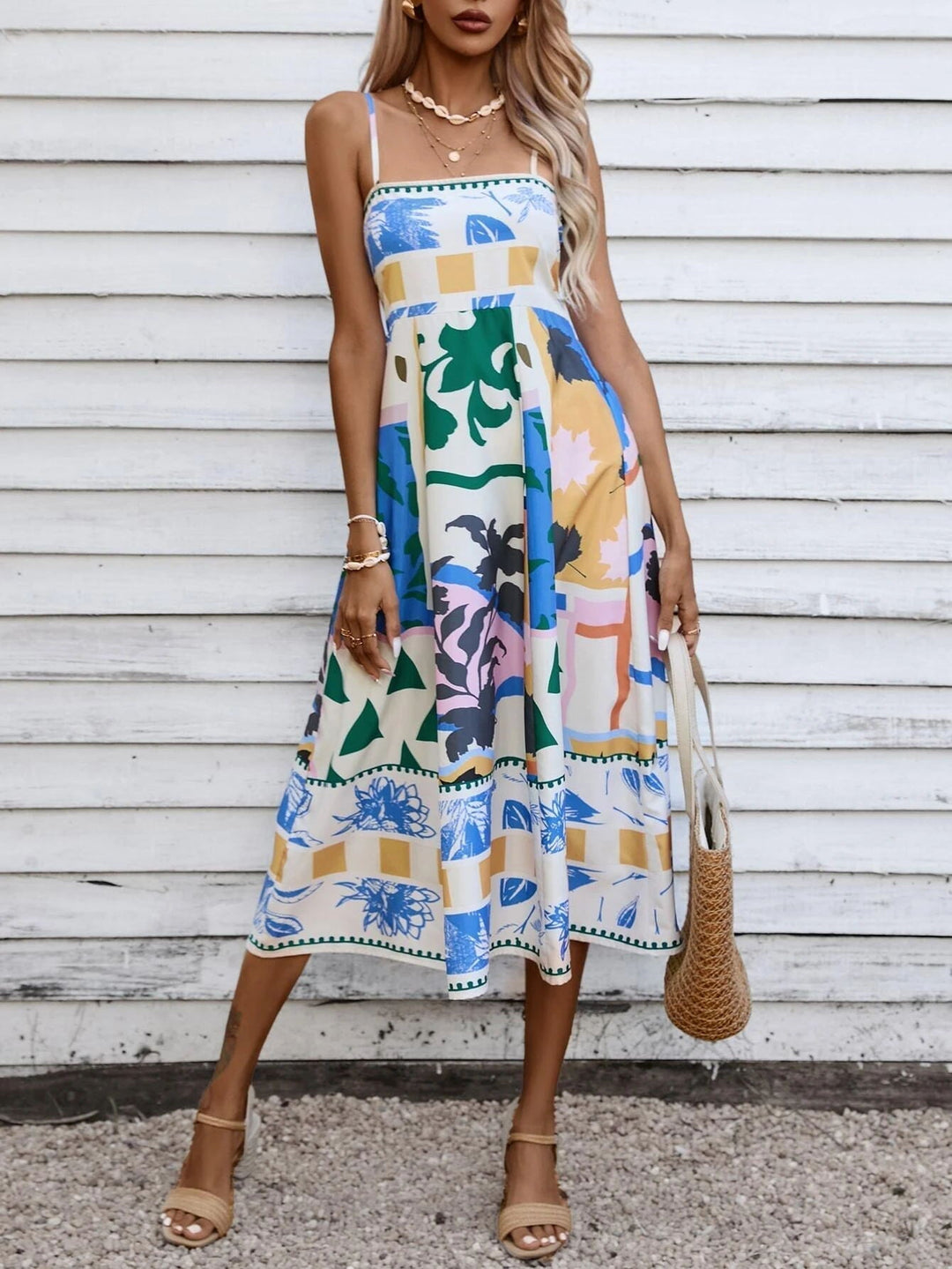 Bedrucktes Midi-Sommerkleid Damen mit Spaghettiträgern - Shelly 4