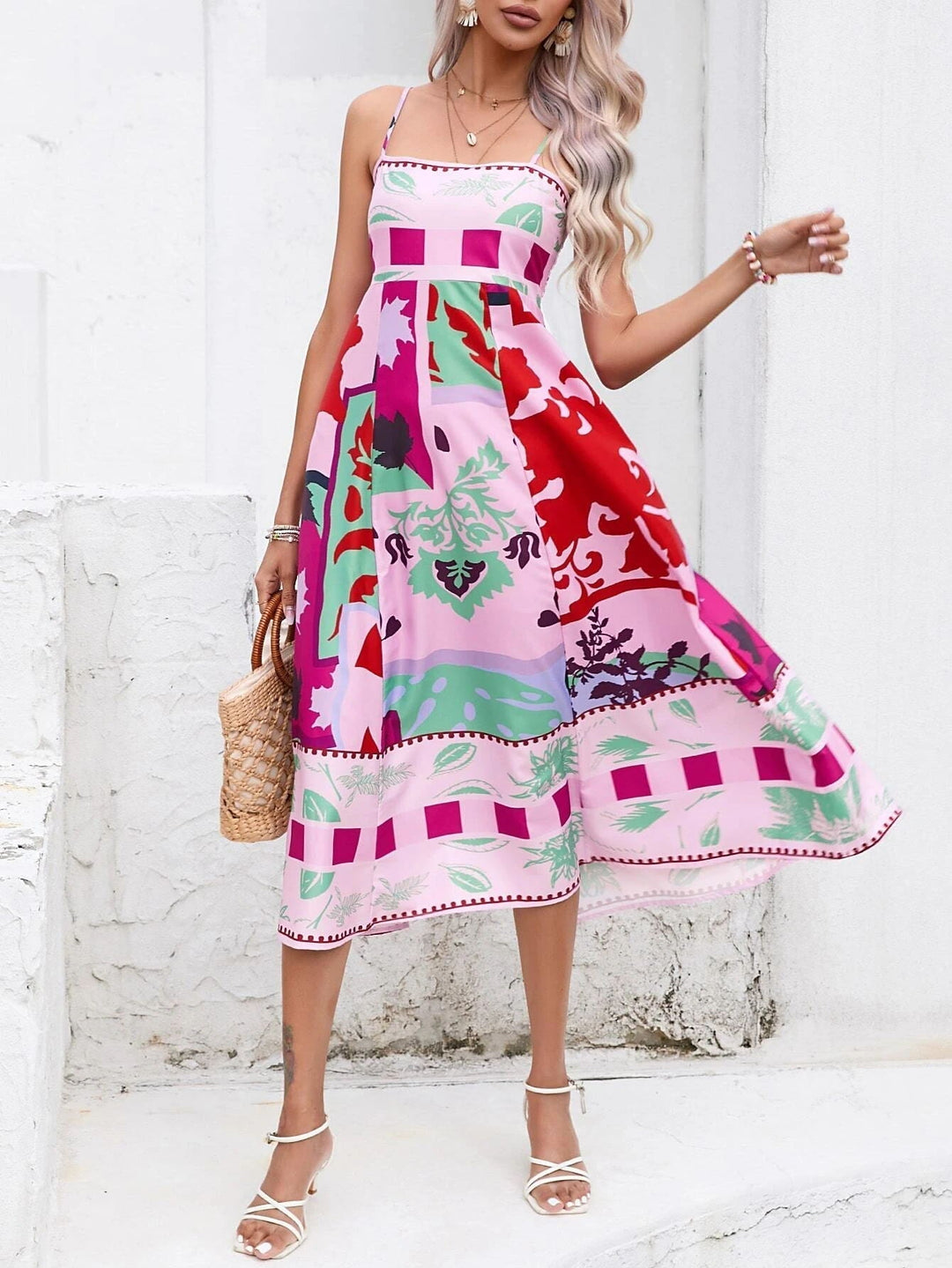 Bedrucktes Midi-Sommerkleid Damen mit Spaghettiträgern - Shelly 8