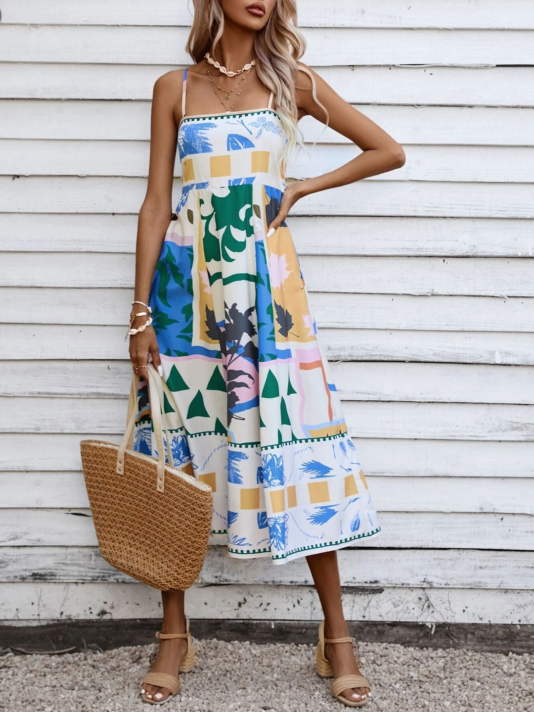 Bedrucktes Midi-Sommerkleid Damen mit Spaghettiträgern - Shelly 1