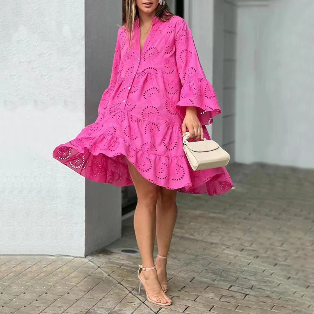 Besticktes Mini-Sommerkleid Damen mit V-Ausschnitt und Langen Ärmeln - Daryna