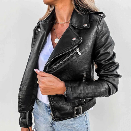 Bikerjacke Damen | Taillenlang & Diagonaler Reißverschluss 2