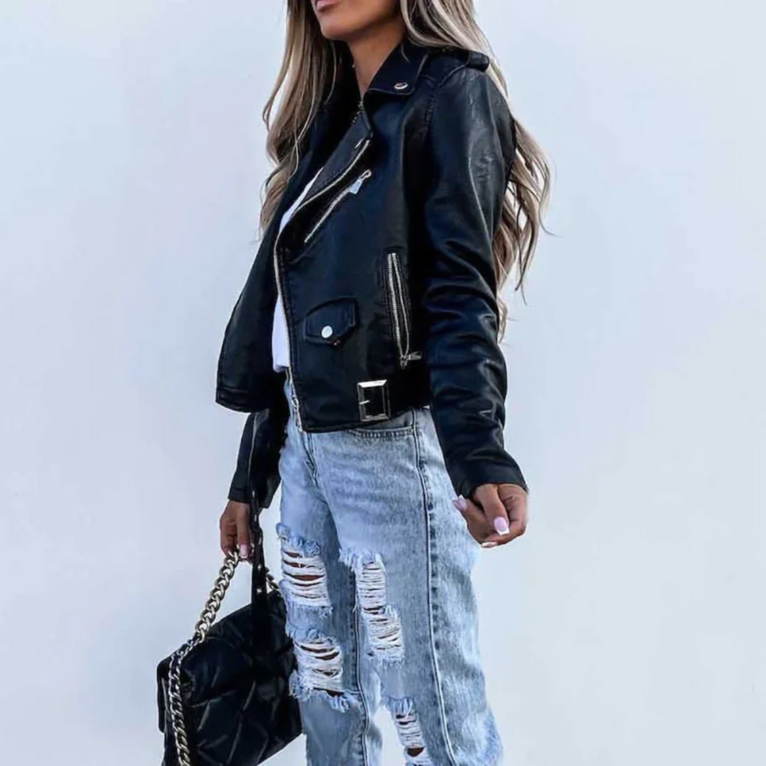 Bikerjacke Damen | Taillenlang & Diagonaler Reißverschluss 3