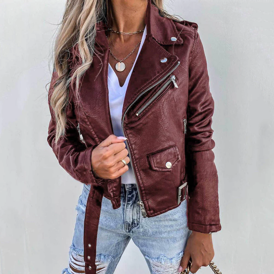 Bikerjacke Damen | Taillenlang & Diagonaler Reißverschluss 5
