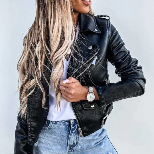 Bikerjacke Damen | Taillenlang & Diagonaler Reißverschluss 1