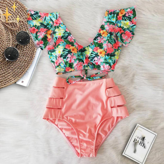 Bikini Dames | Tropische Print Top met Strik & High Waist Broekje