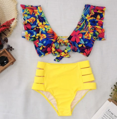 Bikini Dames | Tropische Print Top met Strik & High Waist Broekje