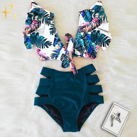 Bikini Dames | Tropische Print Top met Strik & High Waist Broekje