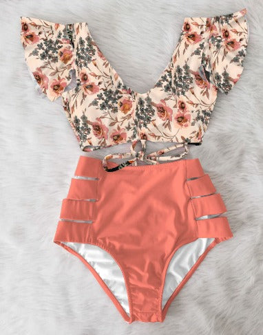 Bikini Dames | Tropische Print Top met Strik & High Waist Broekje