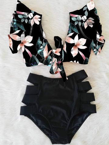 Bikini Dames | Tropische Print Top met Strik & High Waist Broekje