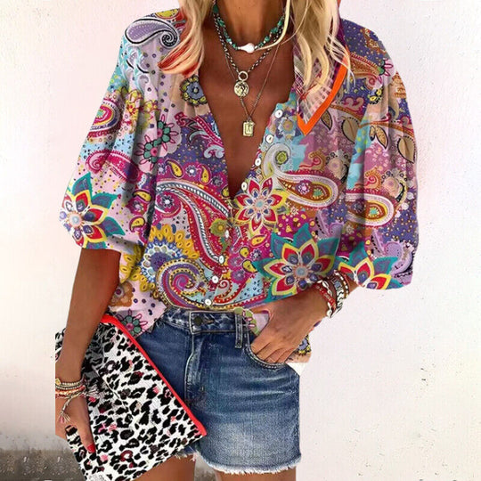 Bloemen blouse Dames | Knopen Sluiting & Comfortabele Halve Mouwen