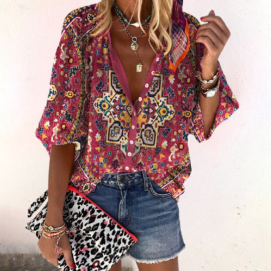 Bloemen blouse Dames | Knopen Sluiting & Comfortabele Halve Mouwen