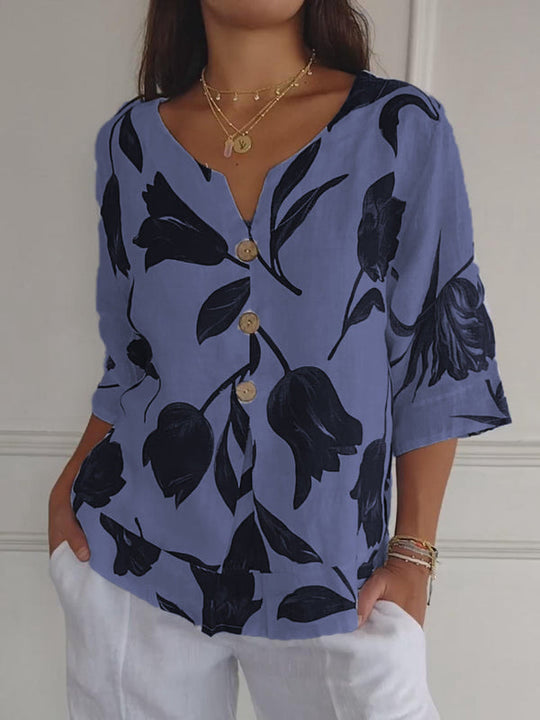 Bloemenprint Top | V-hals & Knoopsluiting
