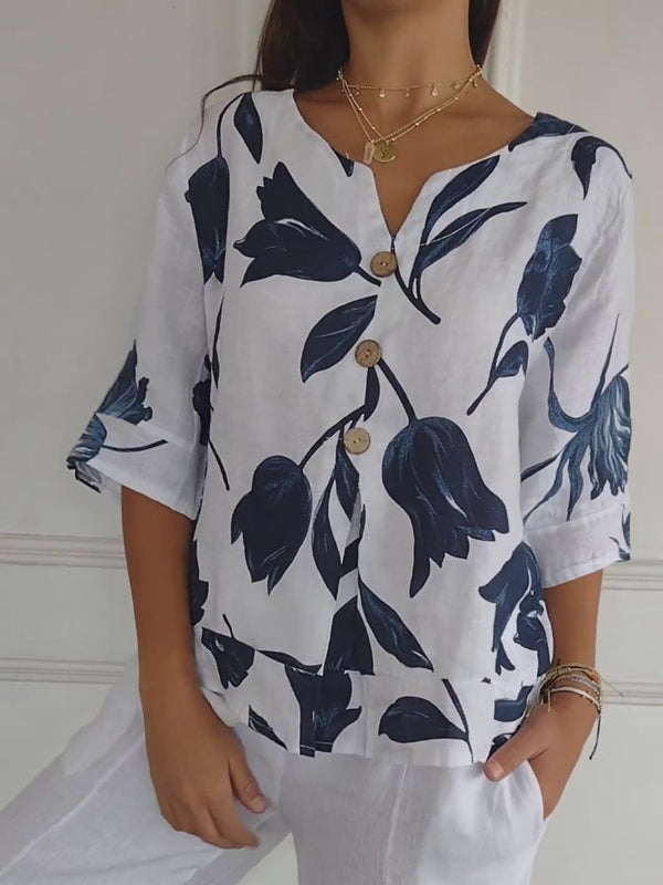Bloemenprint Top | V-hals & Knoopsluiting