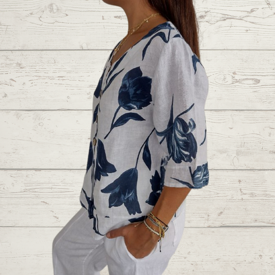 Bloemenprint Top | V-hals & Knoopsluiting