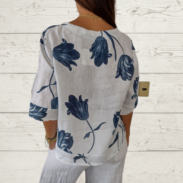Bloemenprint Top | V-hals & Knoopsluiting
