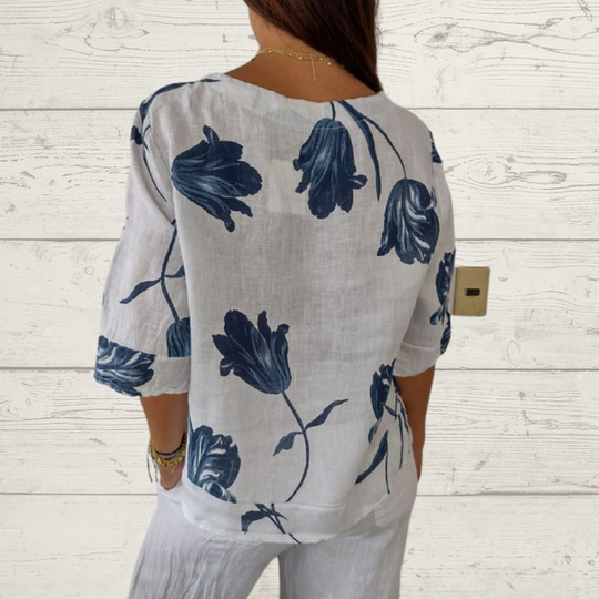 Bloemenprint Top | V-hals & Knoopsluiting