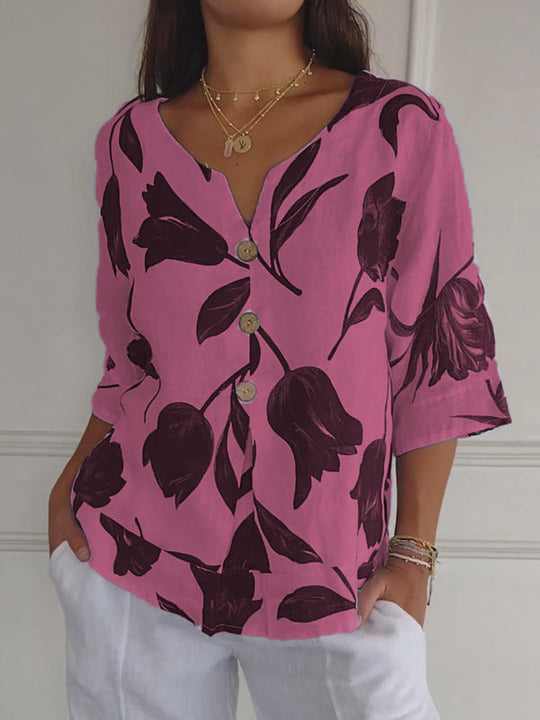 Bloemenprint Top | V-hals & Knoopsluiting