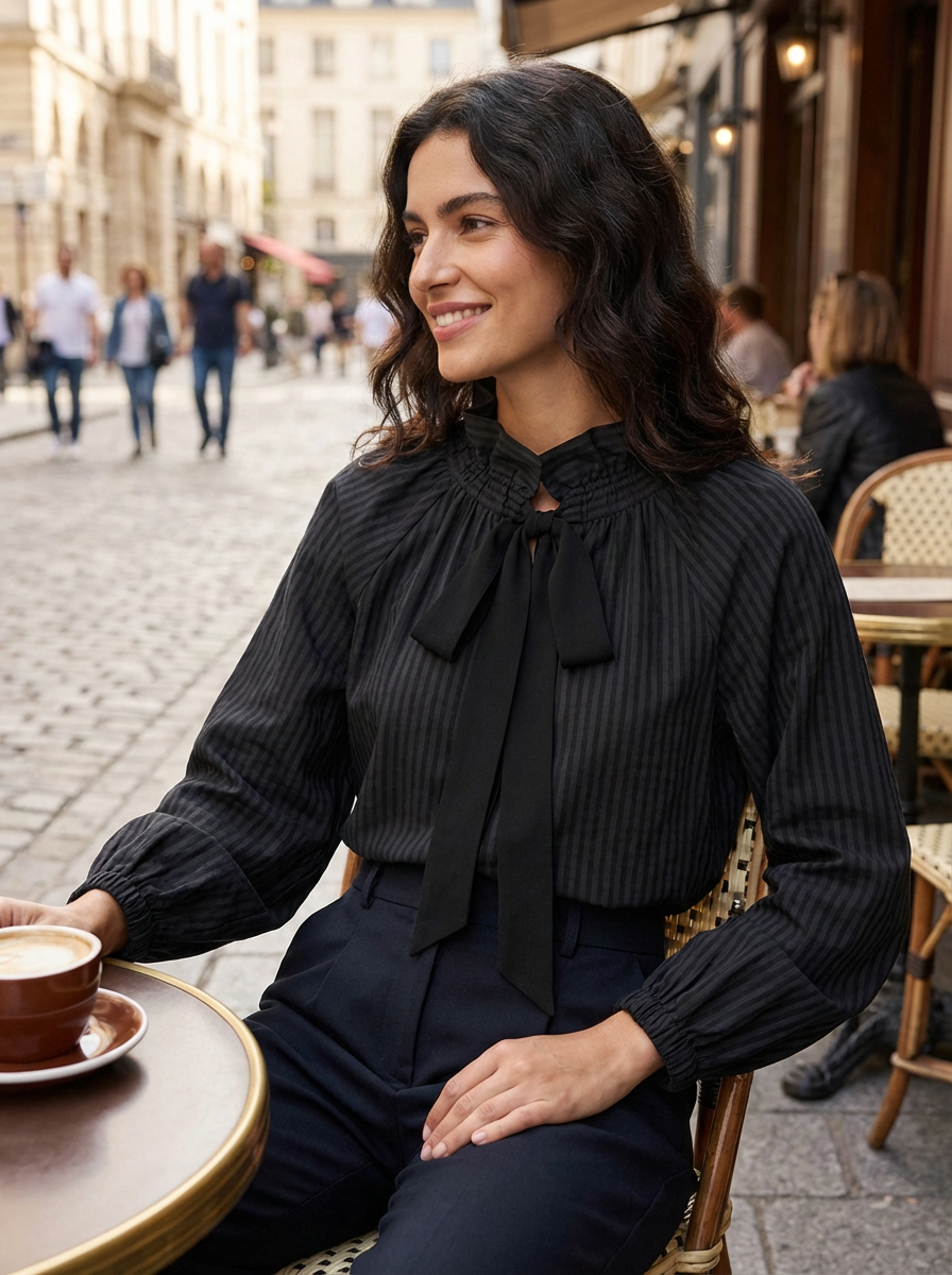 Blouse Dames | Hoge Kraag & Strikdetail
