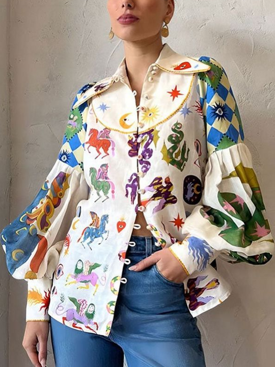 Pop Art Print Overhemd Kraag Casual Blouse 3