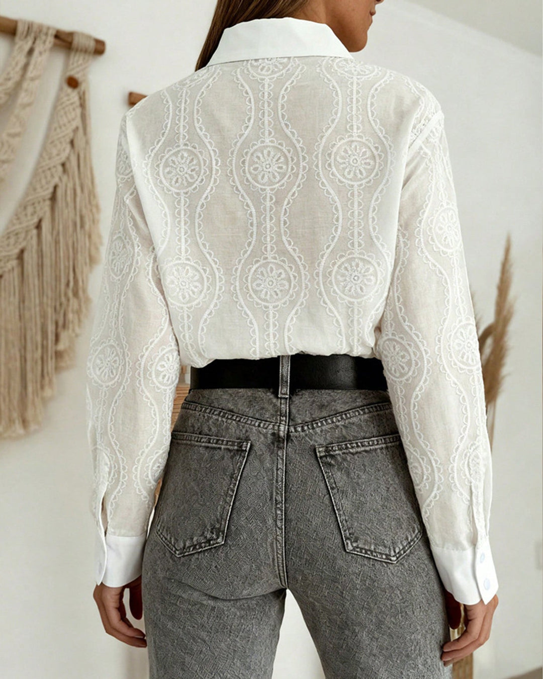 Bluse Damen | Eleganter Knopfkragen & Raffiniertes Geometrisches Muster 4