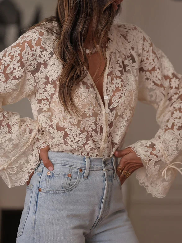 Bluse Damen | Spitzenbesatz & Knopfleiste
