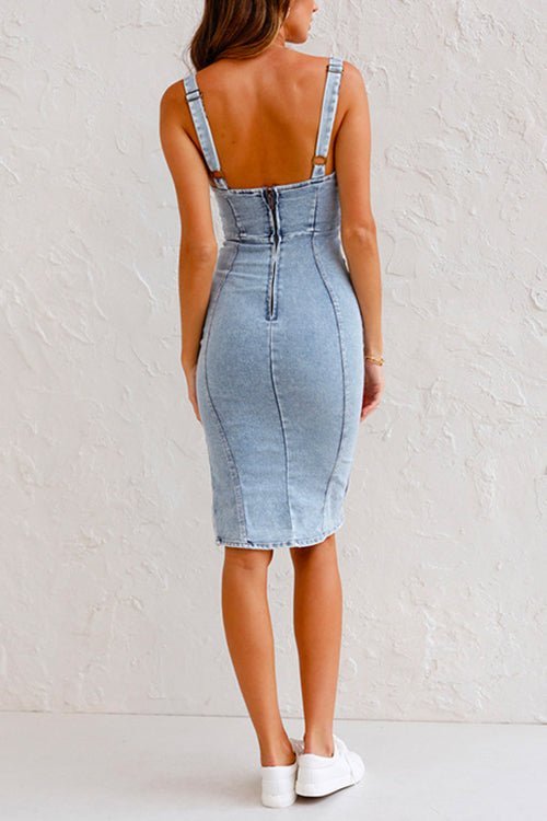 Bodycon-Jeans-Midi-Sommerkleid Damen mit Spaghettiträgern und Sexy Schlitz - Eva 2